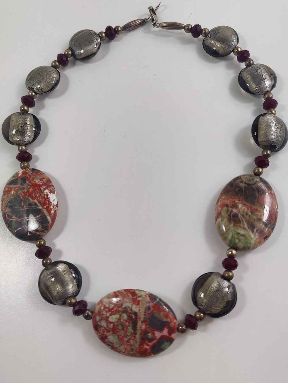 Artisan Jasper Necklace Foil Glass Beads Red Crystal Accents 19"